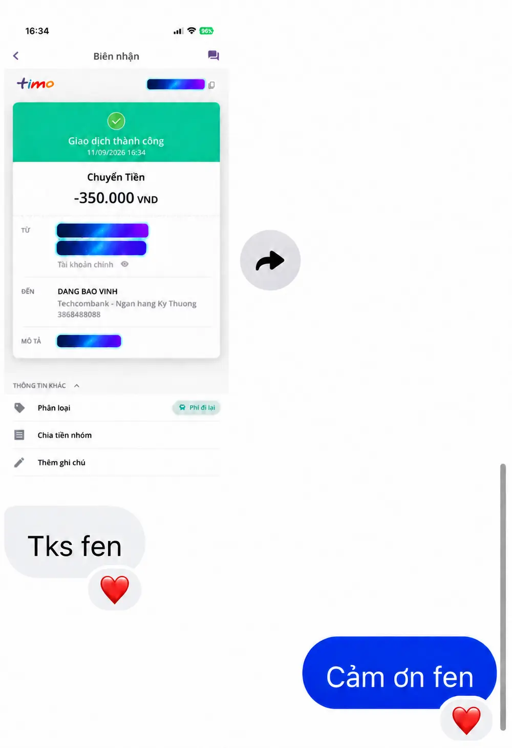 Ảnh xác nhận giao dịch thành công, thông tin khách hàng đã được che